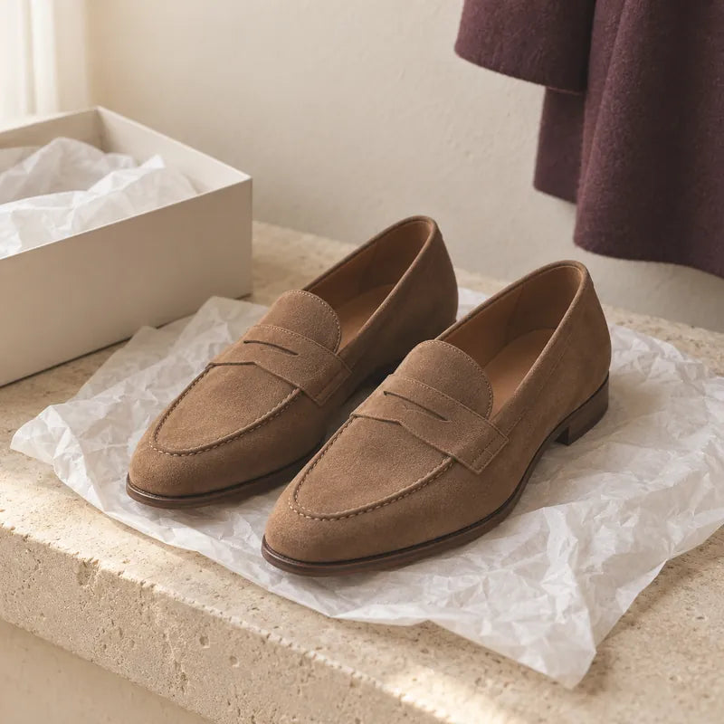 New tan suede penny loafers on tissue paper beside an open shoe box