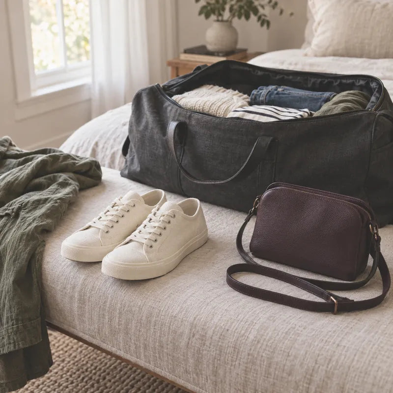 Canvas sneakers and a leather crossbody bag beside an open weekend bag