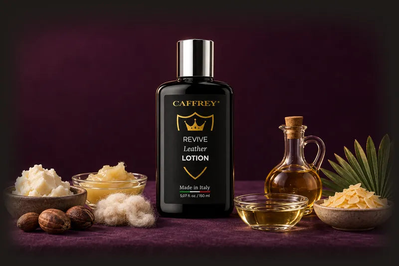 Illustration of the lotion bottle among shea butter, lanolin with wool, mink oil, neatsfoot oil and carnauba wax
