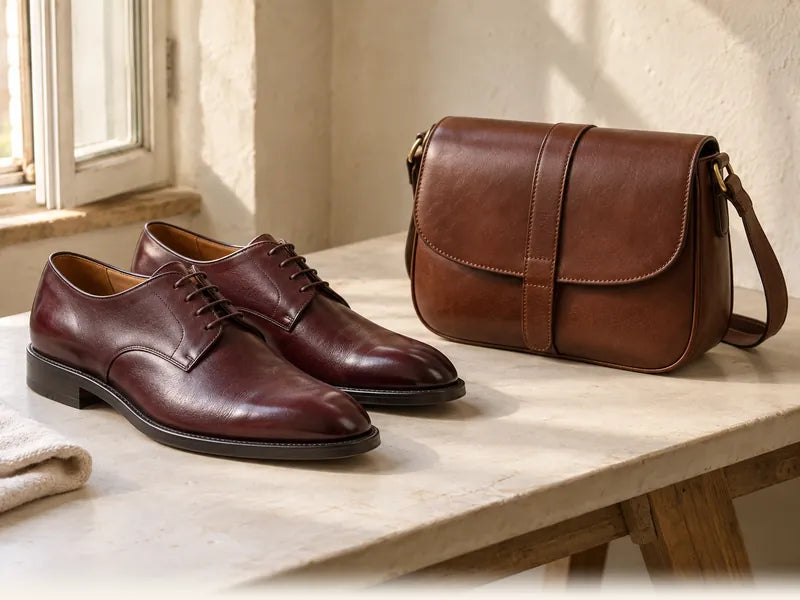 Illustration of oxblood derby shoes and a brown leather bag on a stone table by a window