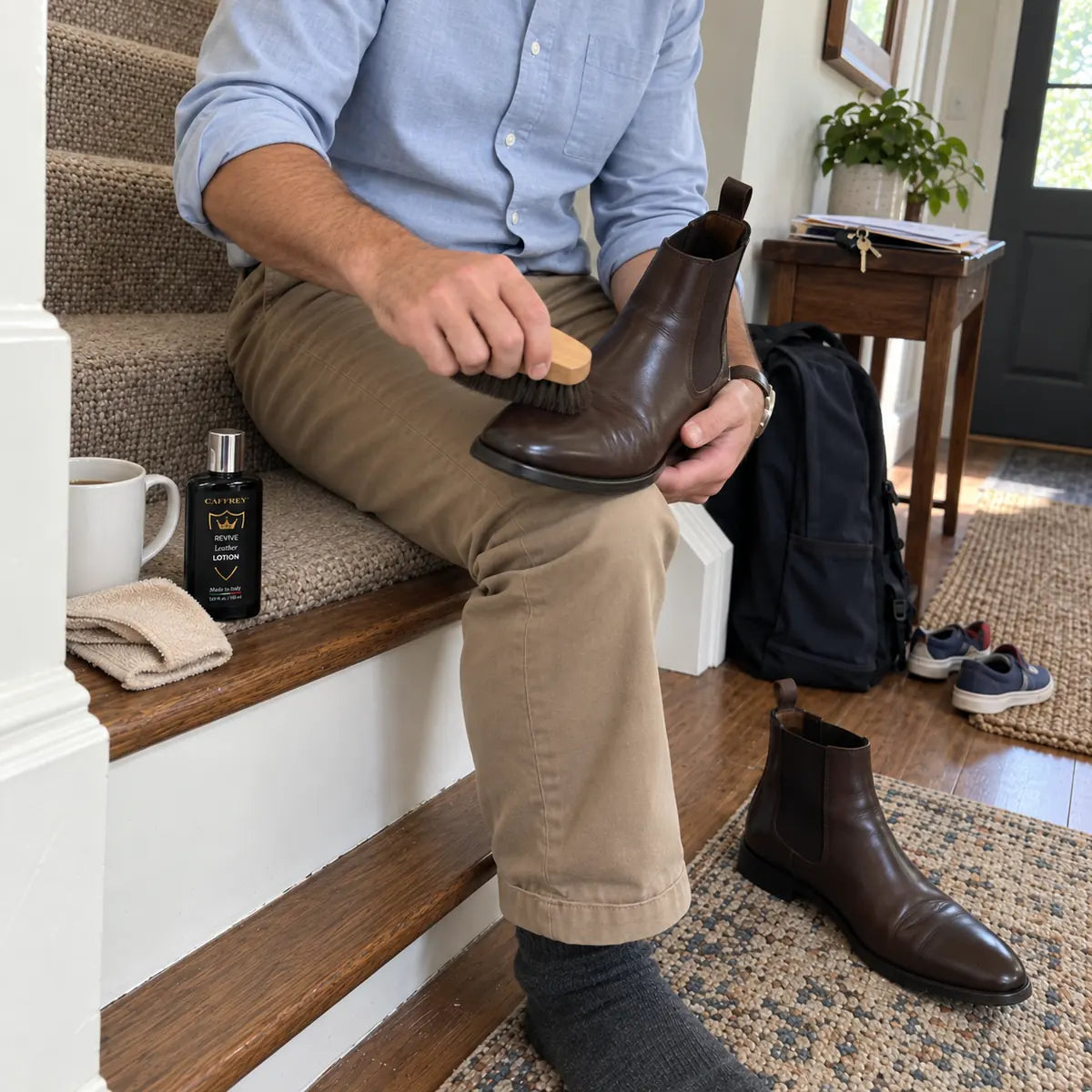 Illustration of a man on a stair brushing a dark brown Chelsea boot held on his knee, a mug and the lotion bottle beside him