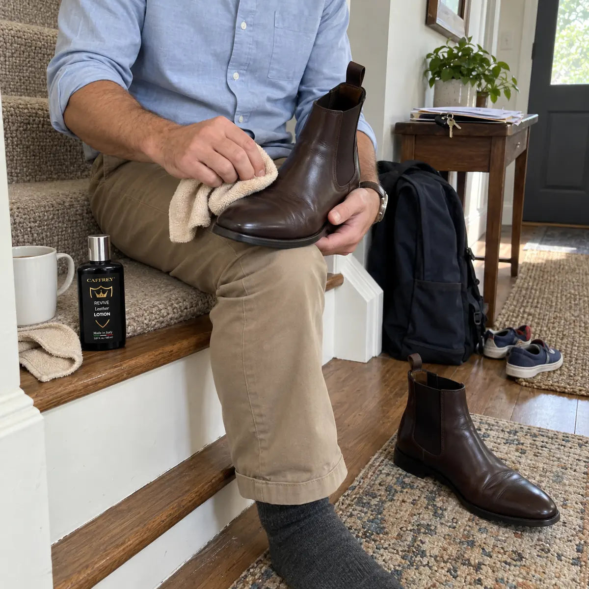 Illustration of a soft cloth worked over the toe of the boot on his knee, the other boot on the rug