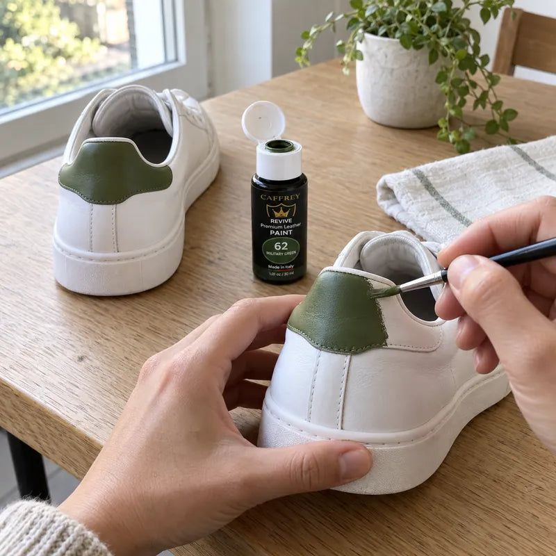 Illustrated project: painting the heel of a white leather sneaker with CAFFREY Revive 62 Military Green