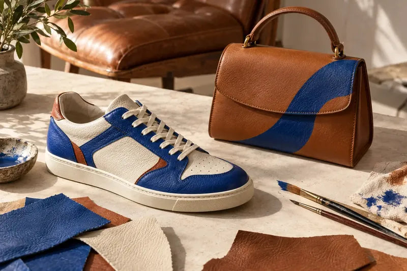 Illustrated styling: a cream and blue leather sneaker, a tan bag with a blue band, leather swatches and brushes