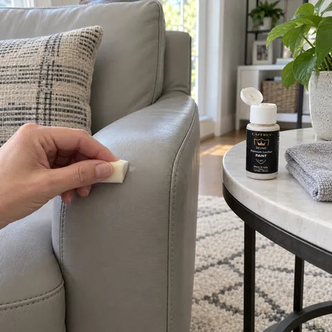 Illustrated project idea: touching up a small scuff on a light grey leather armchair with CAFFREY Revive 54 Light Dove