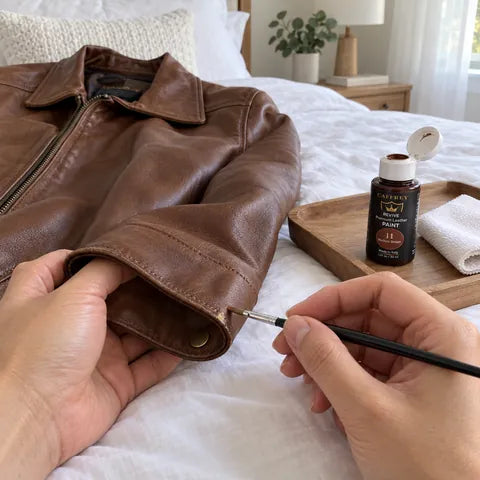 Illustrated project idea: touching up the cuff of a brown leather jacket with CAFFREY Revive 11 Medium Brown
