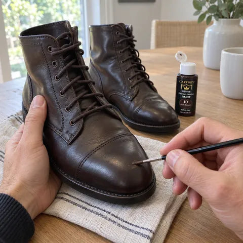 Illustrated project idea: touching up a small scuff on a dark brown leather boot with CAFFREY Revive 10 Dark Brown