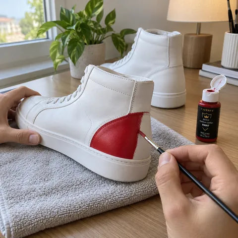 Illustrated project idea: painting the heel of a white leather high-top sneaker with CAFFREY Revive 31 Red