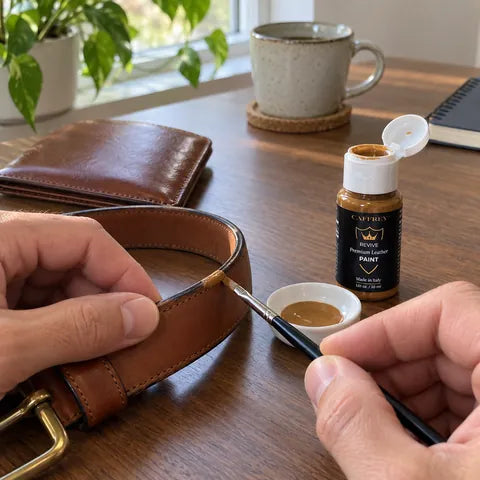 Illustrated project idea: refreshing the edge of a tan leather belt with CAFFREY Revive 6 Light Brown
