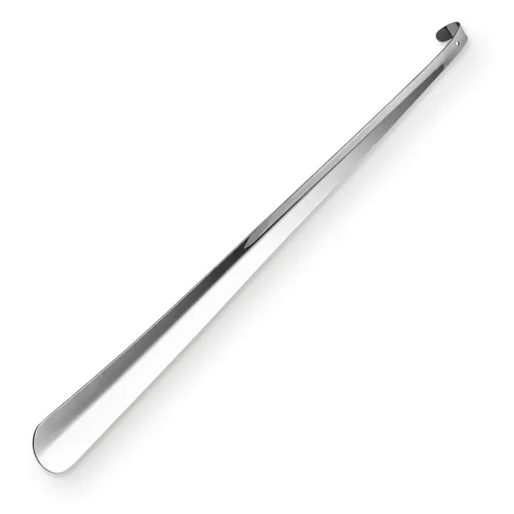 Illustration of a long stainless steel shoe horn laid on a diagonal
