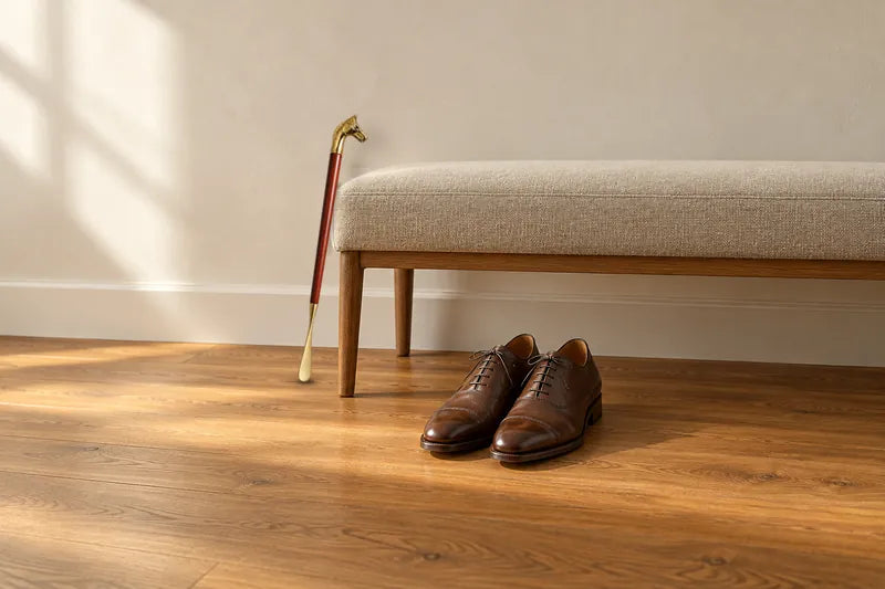 Illustration of the Royal Touch shoe horn leaning against a hall bench beside a pair of brown oxfords