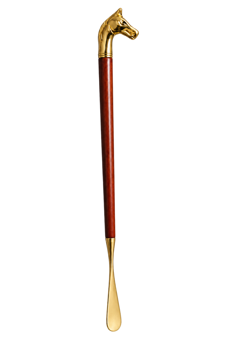 Royal Touch long shoe horn with a gold-tone horse-head handle, polished wood shaft and curved gold-tone blade