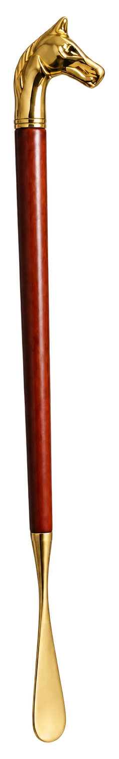 Illustration of the whole Royal Touch shoe horn standing upright, horse head at the top, curved blade at the bottom