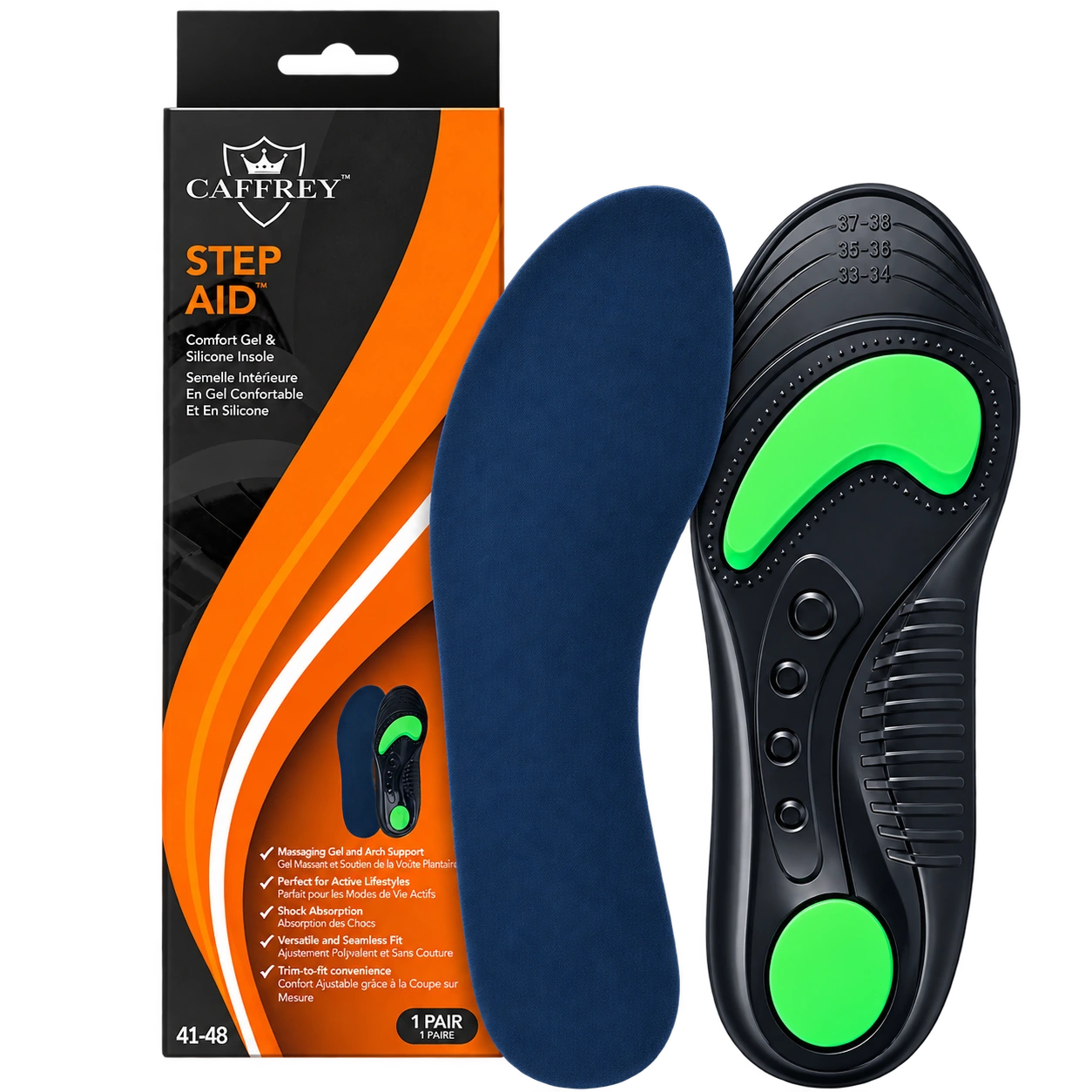 CAFFREY Step Aid retail box and one pair: plain navy fabric top and dark underside with green heel and forefoot cushions