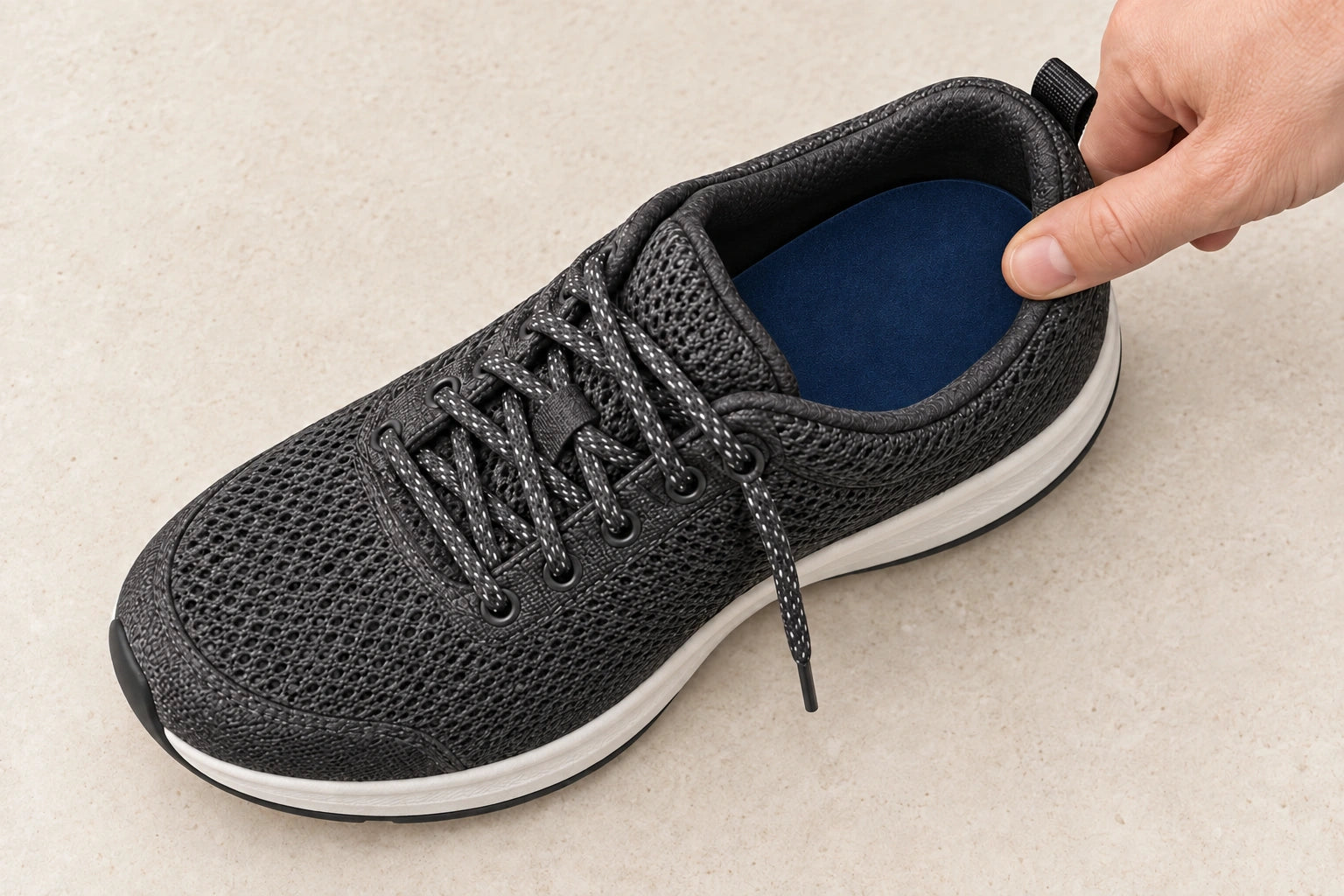 Step Aid seated flat inside a charcoal sneaker, with its plain navy fabric surface visible