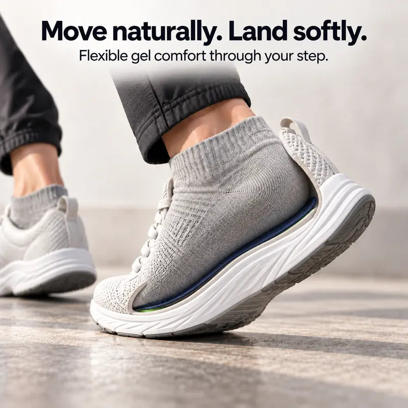 Illustration: Move naturally. Land softly. Flexible gel comfort through your step.