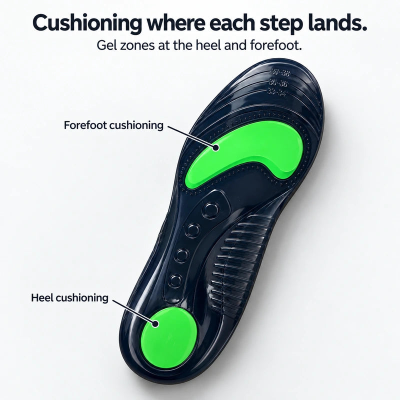 Illustration: Cushioning where each step lands. Gel zones at the heel and forefoot.