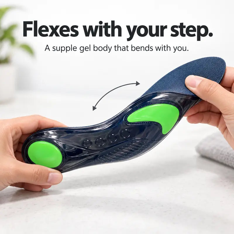 Illustration: Flexes with your step. A supple gel body that bends with you.