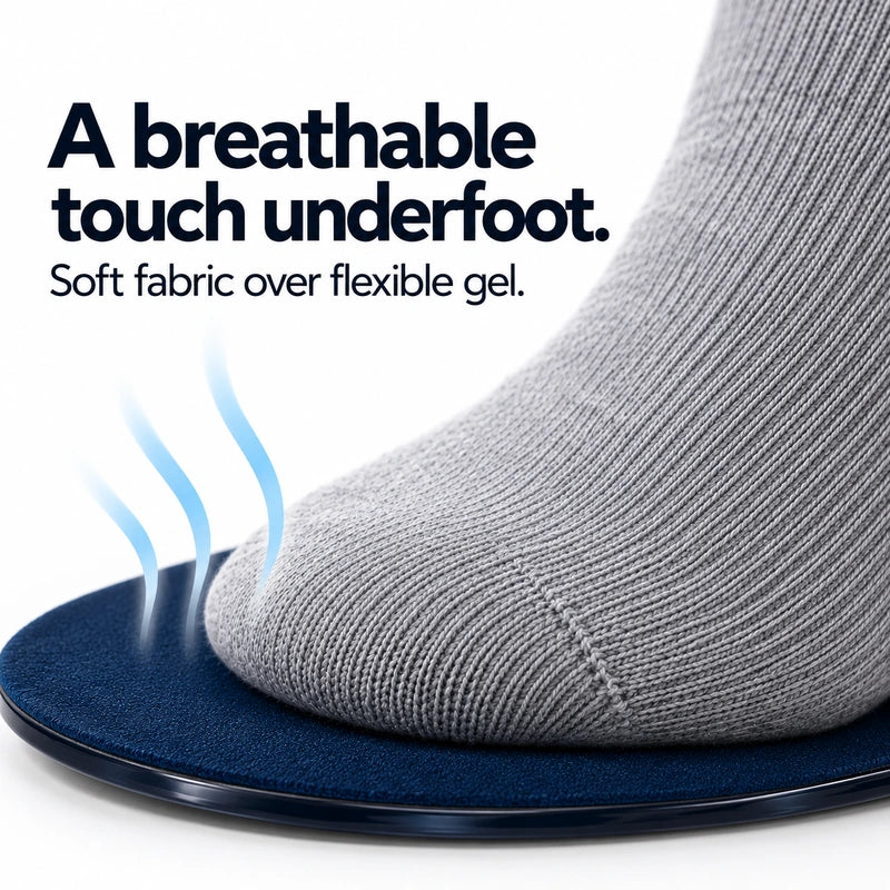 Illustration: A breathable touch underfoot. Soft fabric over flexible gel.