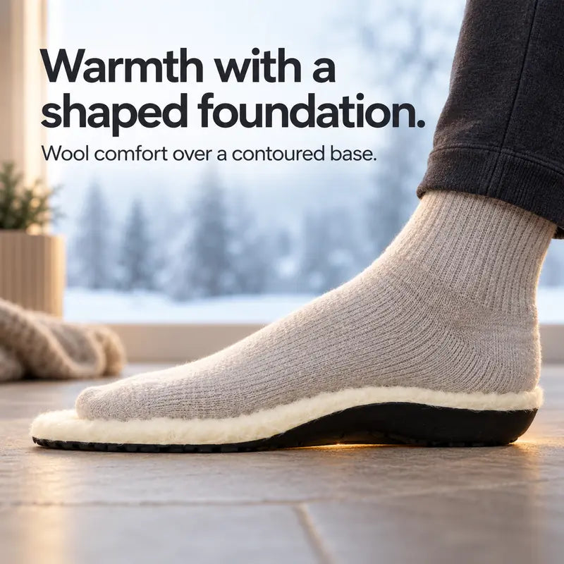 Illustration: Warmth with a shaped foundation. Wool comfort over a contoured base.