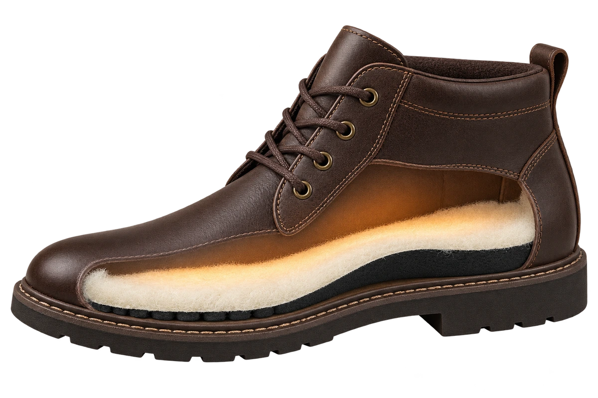 Cutaway illustration of Sirocco seated inside a brown casual boot, showing the wool surface and shaped black base