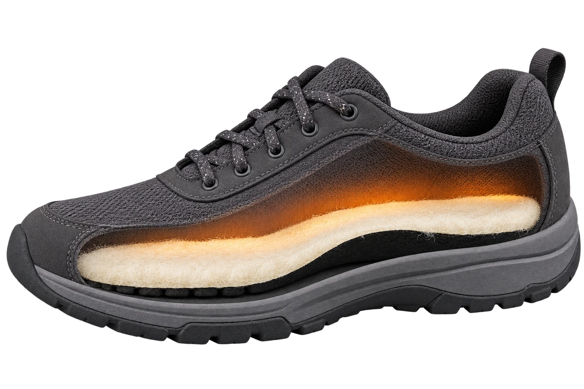 Cutaway illustration of Sirocco seated inside a roomy walking shoe, with warmth highlighted above the wool surface