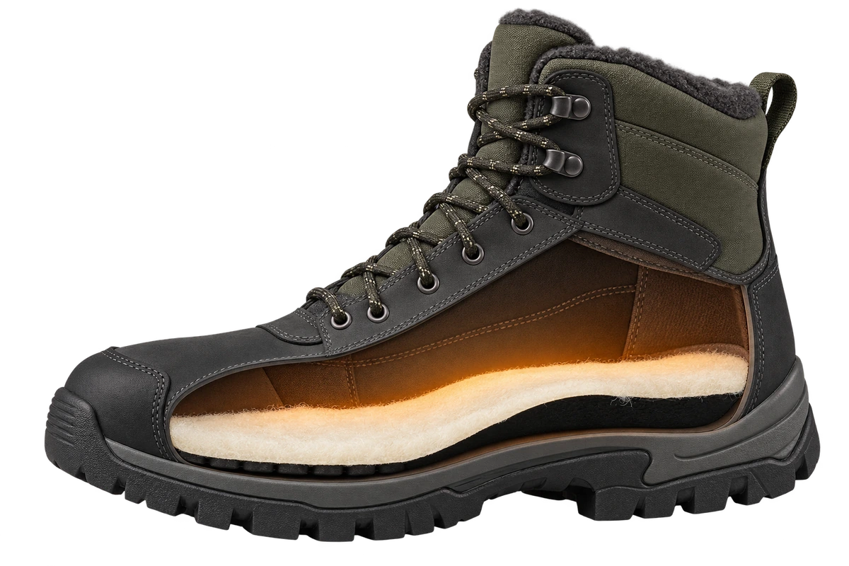 Cutaway illustration of Sirocco wool and black rubber seated inside a winter boot, with an amber glow above the footbed