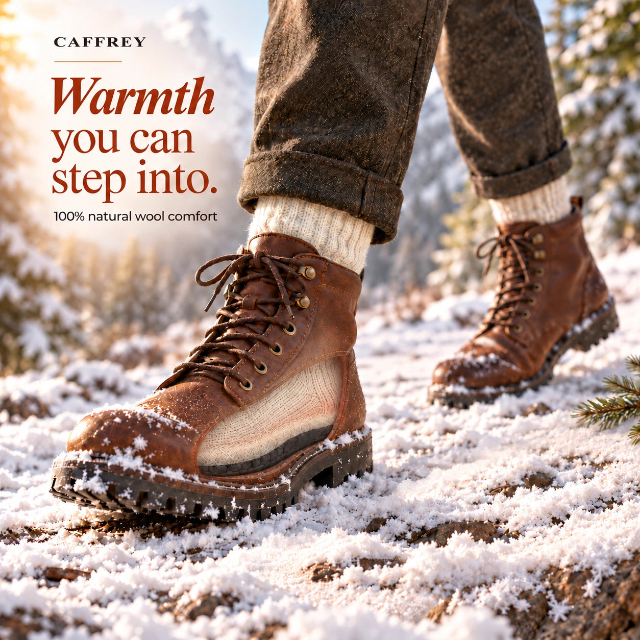 Warmth you can step into: winter walking boots with an illustrative view of a socked foot resting on Sirocco's natural wool insole inside the boot.