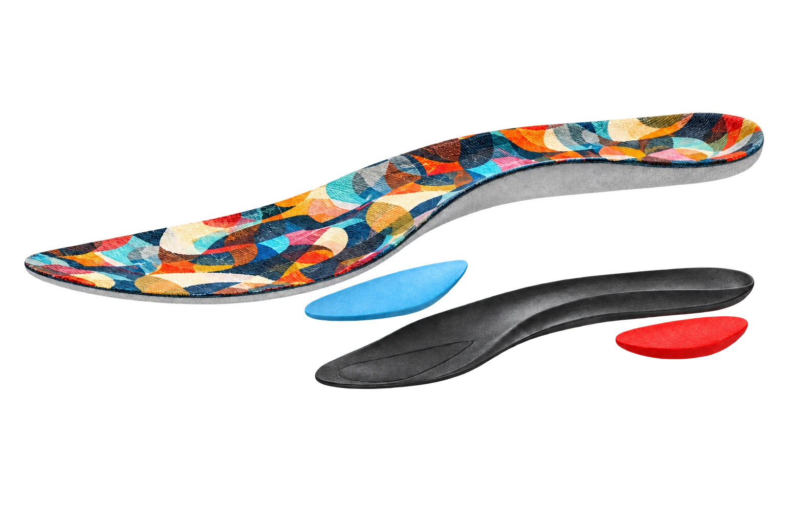 Five Sprint components shown in their package-confirmed relationship: fabric and foam upper, blue metatarsal pad, black support base and red heel cushion.