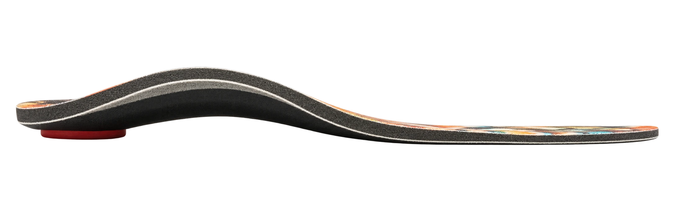 Sprint Sports side profile, heel at left and toe at right, showing the curved arch, foam layer and red heel cushion.