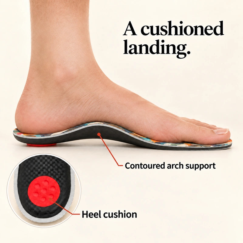 A full foot rests on the Sprint Sports contour; a magnified underside shows the red seven-dimple heel cushion.