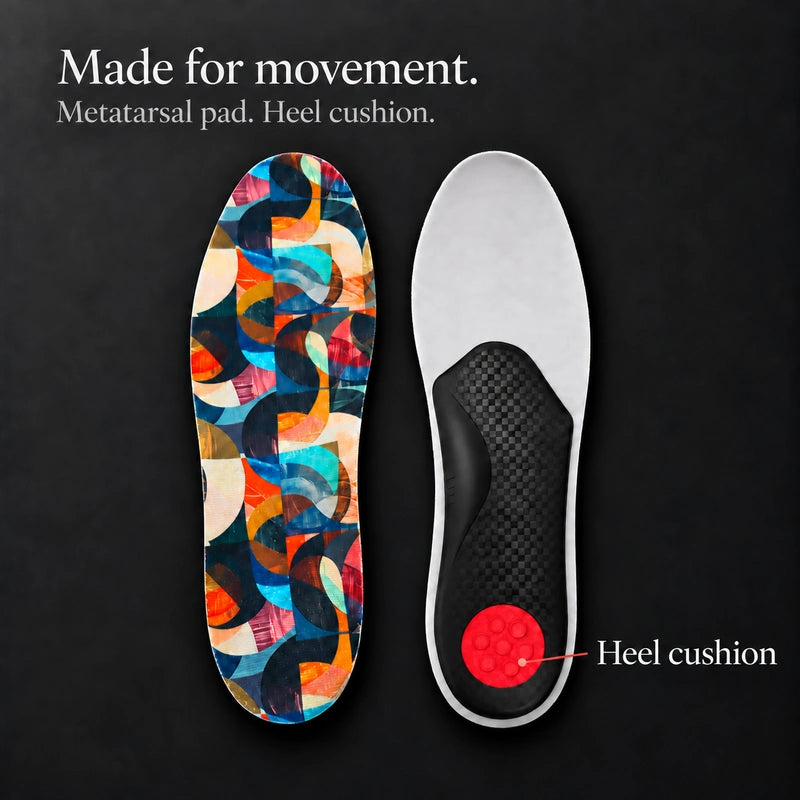 Sprint Sports patterned top and white underside, black rear support and red seven-dimple heel cushion. Metatarsal pad and heel cushion are identified in the copy.