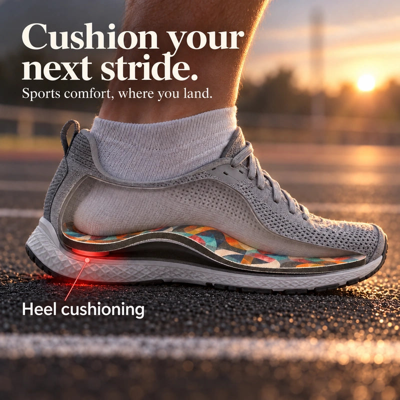 Cushion your next stride. Illustrated running-shoe cutaway shows a foot on the Sprint Sports contour with the red heel cushion highlighted.