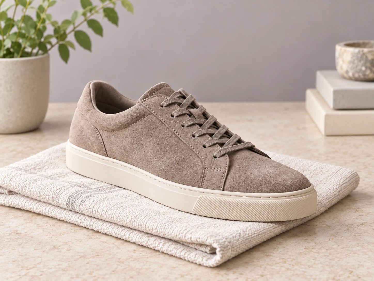 Illustration of a suede sneaker resting on a towel to air dry
