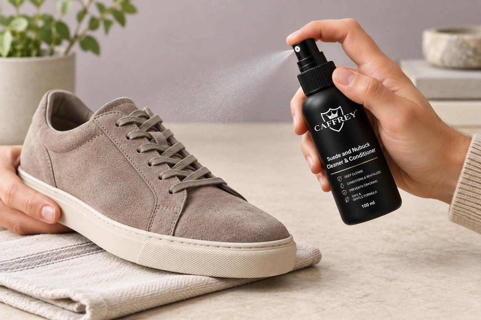 Illustrated application of the confirmed CAFFREY pump-spray bottle on a suede sneaker