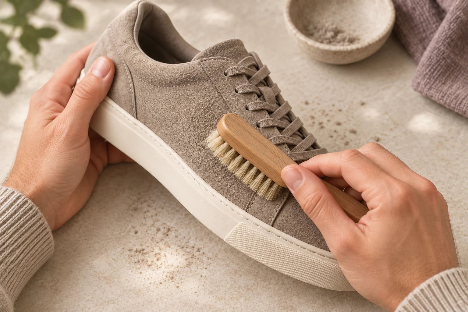 Illustration of a soft suede brush gently working over a taupe suede sneaker