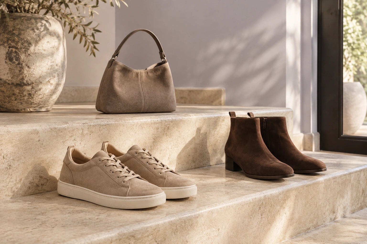 Suede sneakers, ankle boots and a handbag on pale stone steps