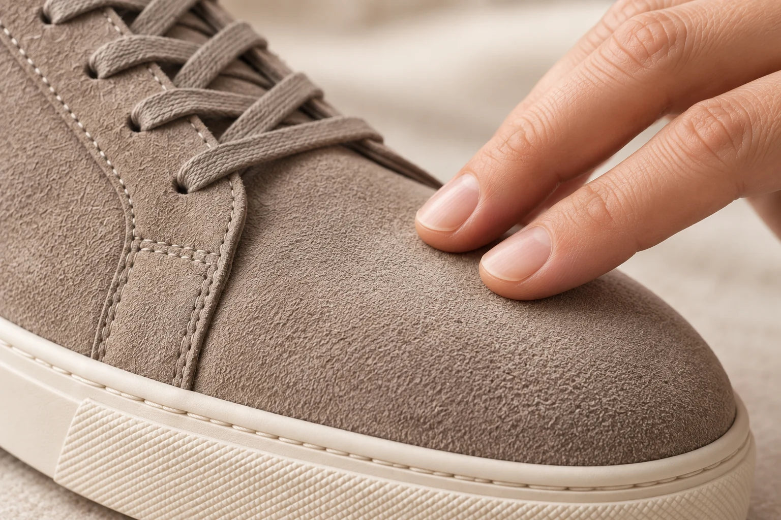 Illustration of fingertips resting gently on the short, soft surface of a suede sneaker