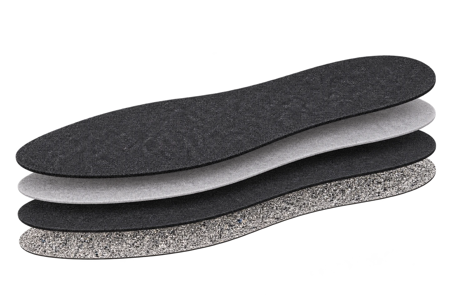 Exploded illustration of Subzero with a charcoal felt surface, cushioning layer, dense felt base and thermal foil backing