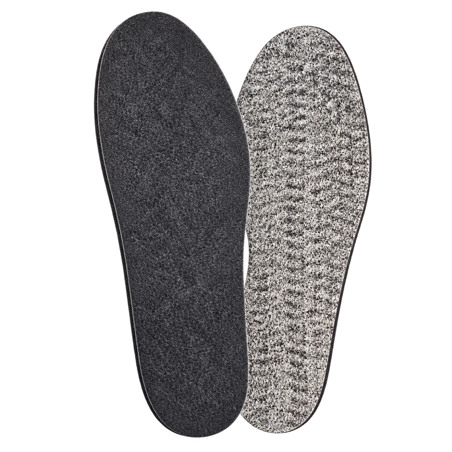 Subzero insoles showing the fine charcoal felt surface and textured speckled backing