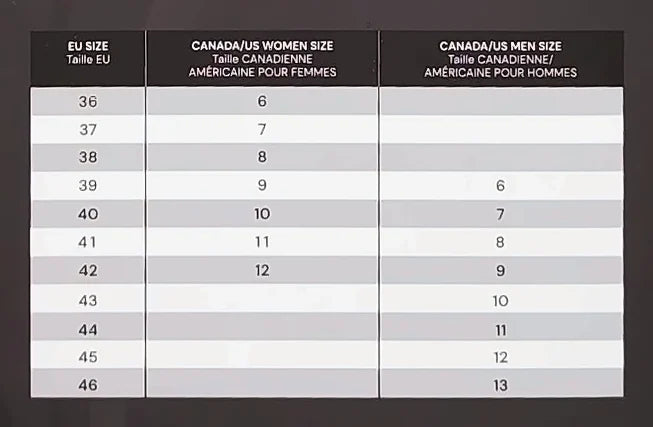 Back of the CAFFREY Walk On Air box, showing the EU to Canada/US women’s and men’s size chart