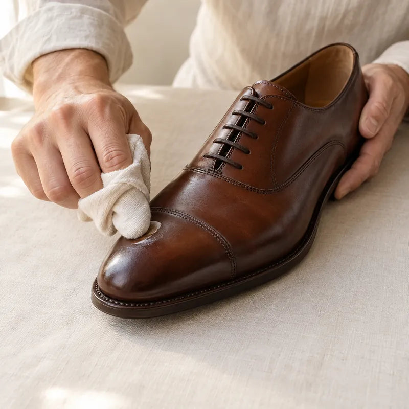 Illustration: a soft cloth working a small amount of wax polish into a brown leather toe