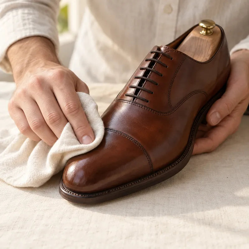 Illustration: a clean cotton cloth buffing a brown leather cap-toe shoe