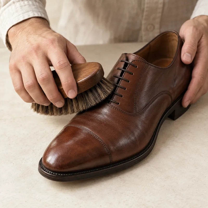 Illustration: a wooden shoe brush removing loose dust from a brown leather cap-toe shoe