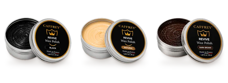 CAFFREY Revive Wax Polish in Black, Natural and Dark Brown: three open 50 ml tins side by side
