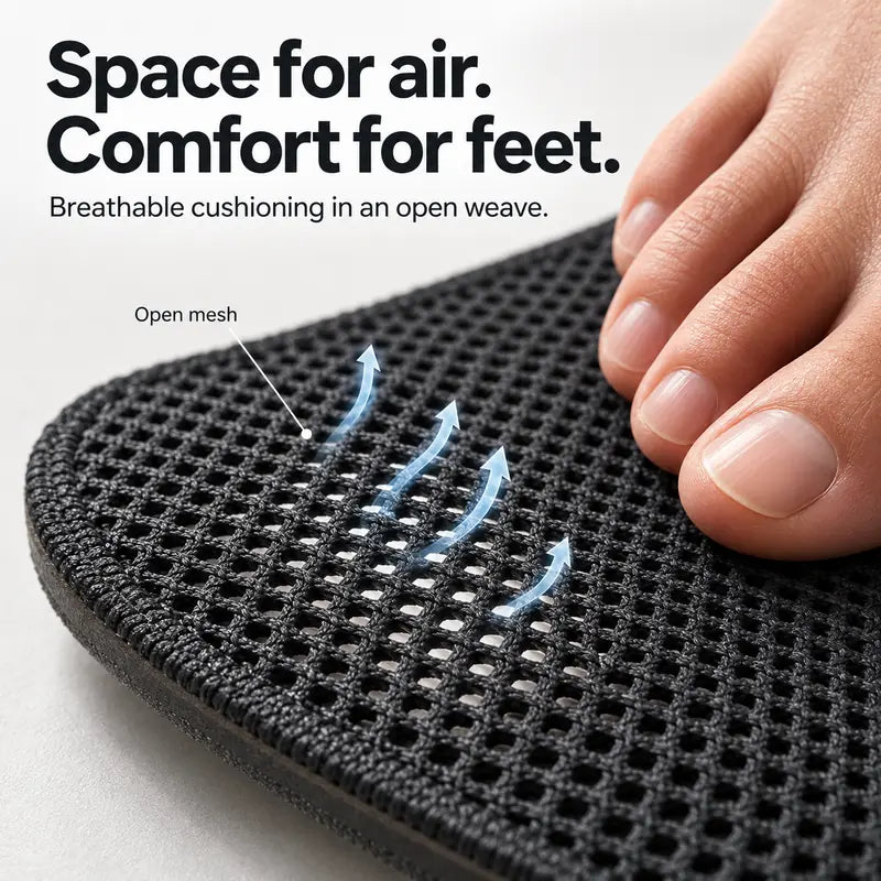 Illustration: Space for air. Comfort for feet. Breathable cushioning in an open weave.