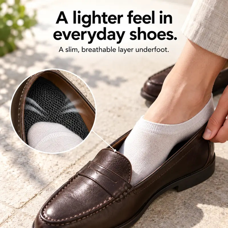 Illustration: A lighter feel in everyday shoes. A slim, breathable layer underfoot.