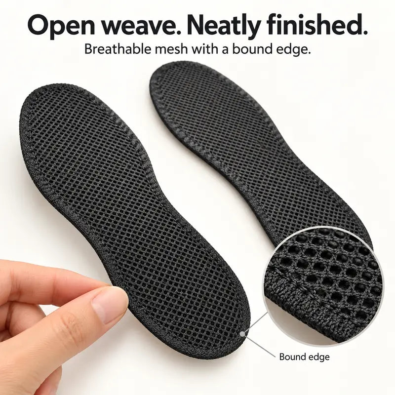 Illustration: Open weave. Neatly finished. Breathable mesh with a bound edge.