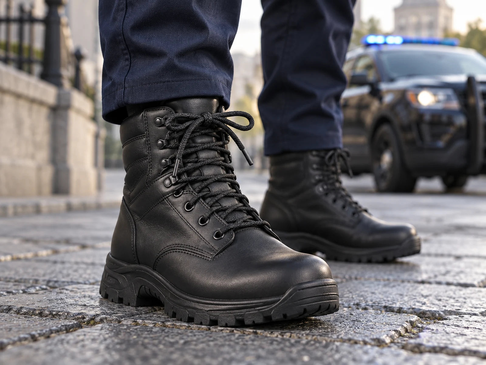Illustrative scene of black duty boots with black braided laces beside a generic patrol vehicle.