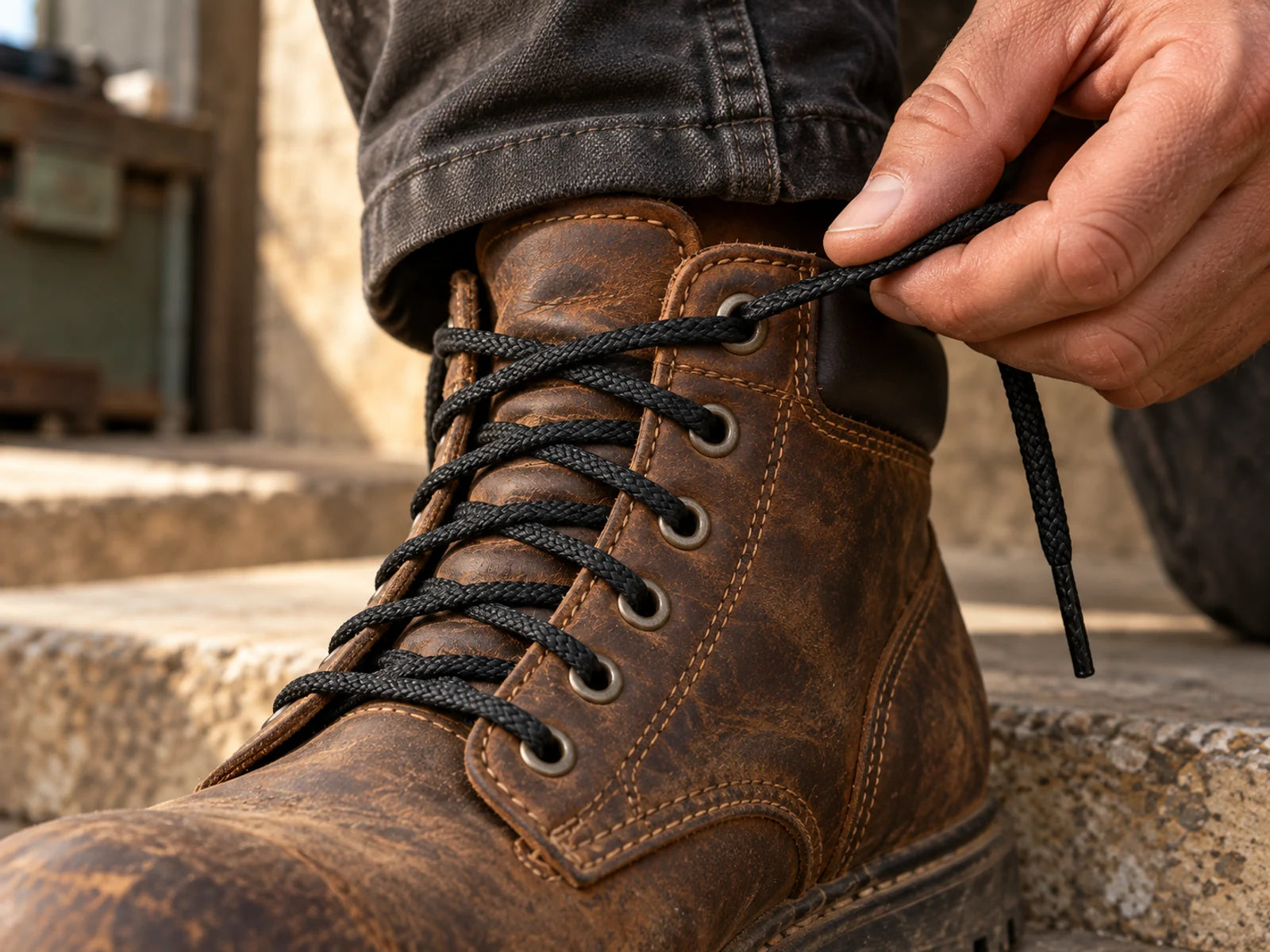 Editorial illustration of a hand tightening a black braided lace through the eyelets of a brown work boot